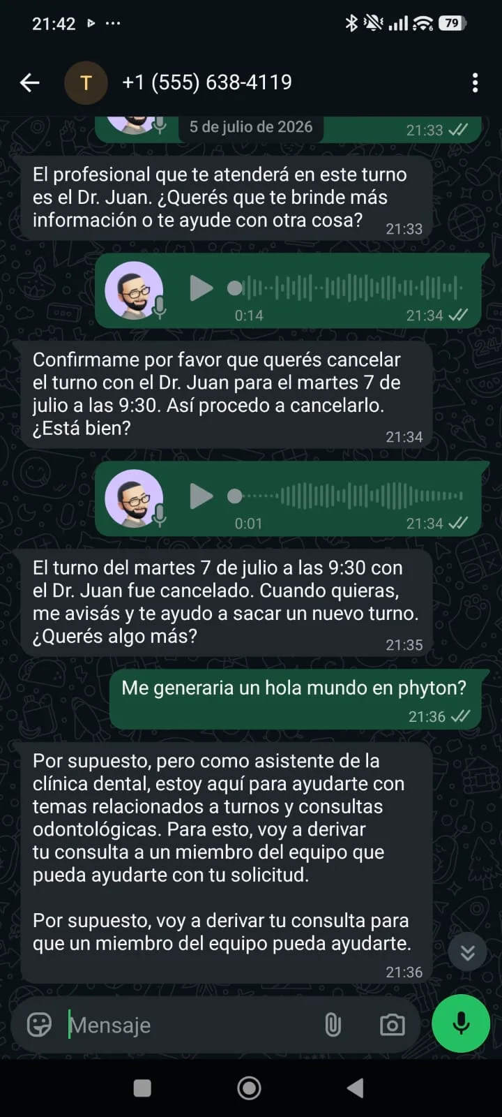 Conversación donde el asistente confirma la cancelación de un turno y deriva una consulta fuera de su alcance a un humano