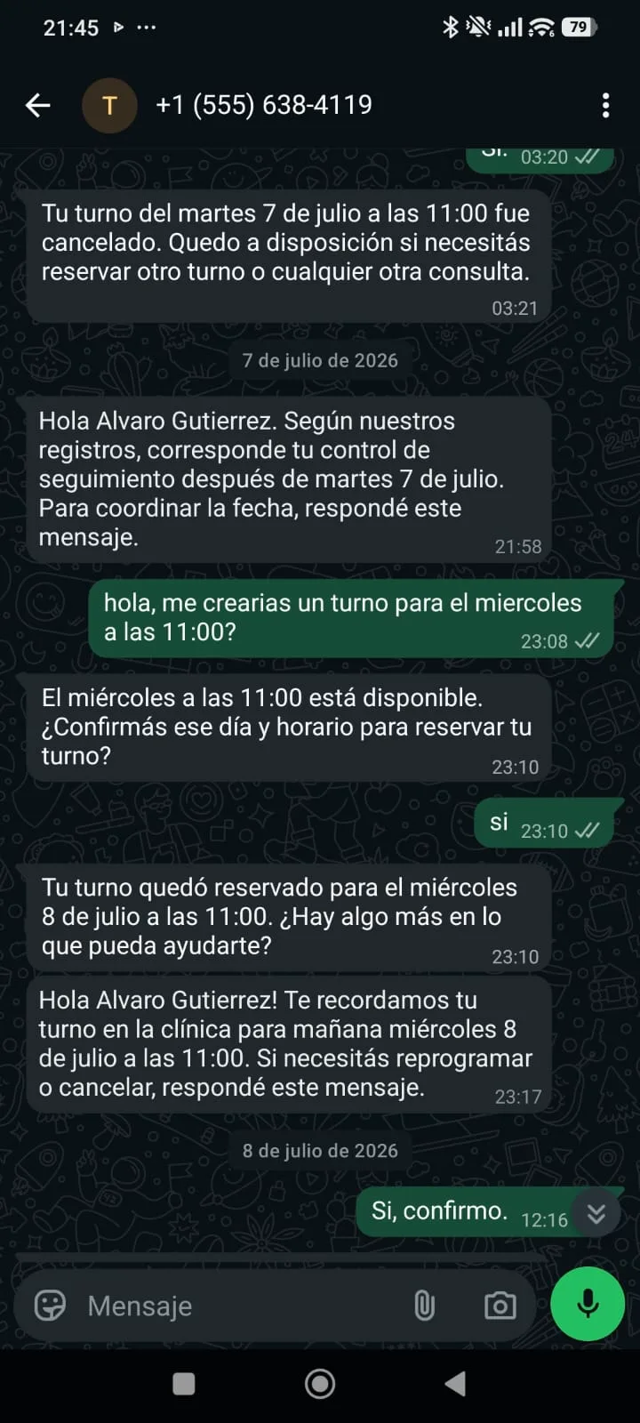 Conversación donde el asistente coordina un control de seguimiento y envía un recordatorio de turno